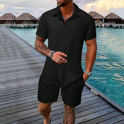 crazynekos Mens Plaid Tracksuit Sets 2 Piece Outfits Sweatsuit Short Sleeve Button Down Shirt and Shorts Summer Set for Men in Kuwait