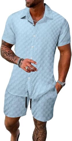 crazynekos Mens Plaid Tracksuit Sets 2 Piece Outfits Sweatsuit Short Sleeve Button Down Shirt and Shorts Summer Set for Men in Kuwait