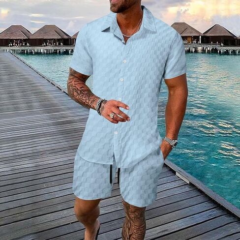 crazynekos Mens Plaid Tracksuit Sets 2 Piece Outfits Sweatsuit Short Sleeve Button Down Shirt and Shorts Summer Set for Men in Kuwait