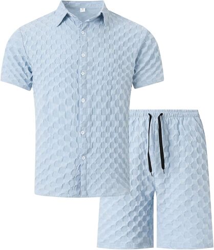 crazynekos Mens Plaid Tracksuit Sets 2 Piece Outfits Sweatsuit Short Sleeve Button Down Shirt and Shorts Summer Set for Men in Kuwait