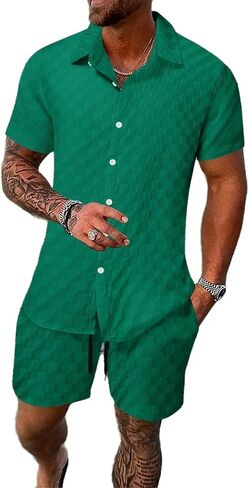 crazynekos Mens Plaid Tracksuit Sets 2 Piece Outfits Sweatsuit Short Sleeve Button Down Shirt and Shorts Summer Set for Men in Kuwait