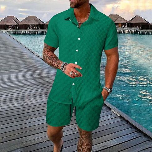 crazynekos Mens Plaid Tracksuit Sets 2 Piece Outfits Sweatsuit Short Sleeve Button Down Shirt and Shorts Summer Set for Men in Kuwait