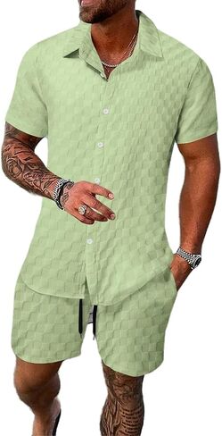 crazynekos Mens Plaid Tracksuit Sets 2 Piece Outfits Sweatsuit Short Sleeve Button Down Shirt and Shorts Summer Set for Men in Kuwait