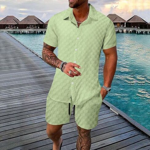 crazynekos Mens Plaid Tracksuit Sets 2 Piece Outfits Sweatsuit Short Sleeve Button Down Shirt and Shorts Summer Set for Men in Kuwait