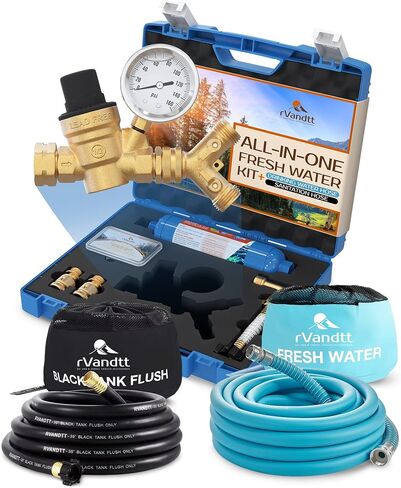 RV Fresh Water Kit - RV Water Pressure Regulator, Inline Water Filter, Hose Splitter, Brass Elbow, Flexible Connector, Hose Quick Connects, Leak Repair Kit, and Carrying Case in Saudi Arabia
