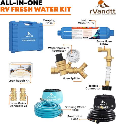 RV Fresh Water Kit - RV Water Pressure Regulator, Inline Water Filter, Hose Splitter, Brass Elbow, Flexible Connector, Hose Quick Connects, Leak Repair Kit, and Carrying Case in Saudi Arabia