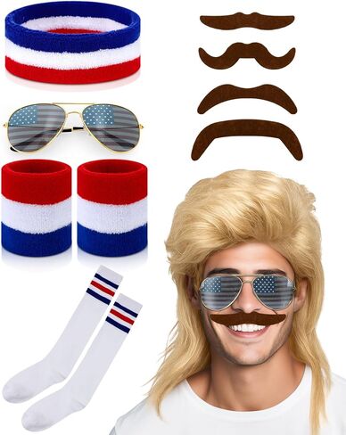 MEPase 5 PCS 80S COSTUME COSTION FOR MENS 4th Of July Punk Style MULLET WIG AMERICAN SUNGLASS SUNGLAS in Kuwait