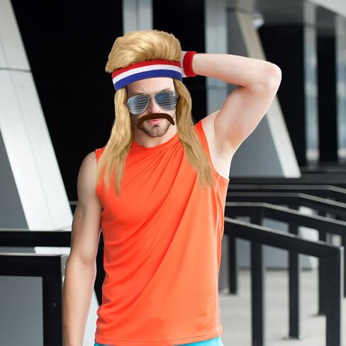 MEPase 5 PCS 80S COSTUME COSTION FOR MENS 4th Of July Punk Style MULLET WIG AMERICAN SUNGLASS SUNGLAS in Kuwait