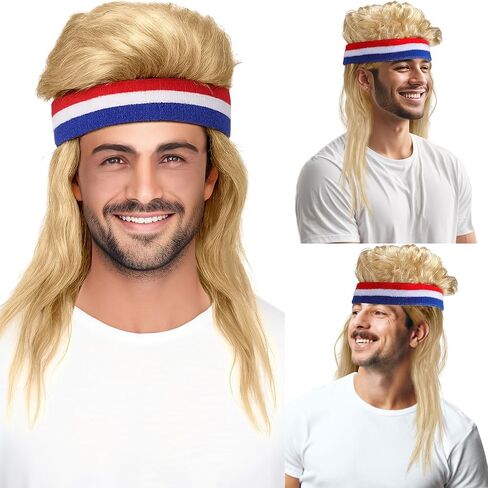 MEPase 5 PCS 80S COSTUME COSTION FOR MENS 4th Of July Punk Style MULLET WIG AMERICAN SUNGLASS SUNGLAS in Kuwait