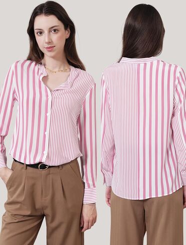 COLD POSH 100% Pure Mulberry Silk Blouse for Women Long Sleeve Button Down Stripe Shirt for Spring/Summer in Saudi Arabia