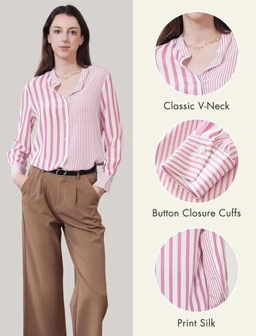 COLD POSH 100% Pure Mulberry Silk Blouse for Women Long Sleeve Button Down Stripe Shirt for Spring/Summer in Saudi Arabia