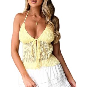 Ruewey Women Y2K Lace Shirt Halter Neck Deep V الرقبة المحصول العلوي TIBE الأمامي بلا أكمام in Kuwait