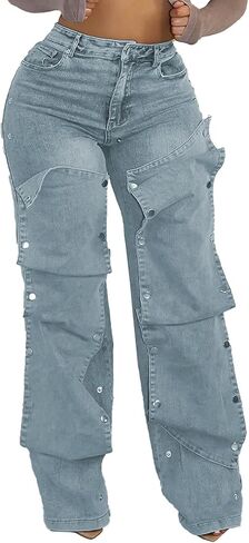 Lucuna Womens High Waisted Baggy Straight Leg Jeans Y2K Detachable Patchwork Asymmetrical Denim Pants Streetwear in Saudi Arabia