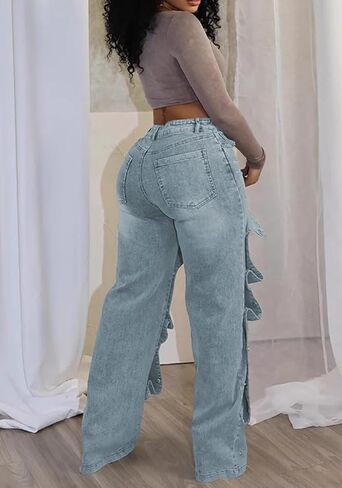 Lucuna Womens High Waisted Baggy Straight Leg Jeans Y2K Detachable Patchwork Asymmetrical Denim Pants Streetwear in Saudi Arabia