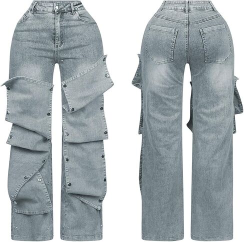 Lucuna Womens High Waisted Baggy Straight Leg Jeans Y2K Detachable Patchwork Asymmetrical Denim Pants Streetwear in Saudi Arabia