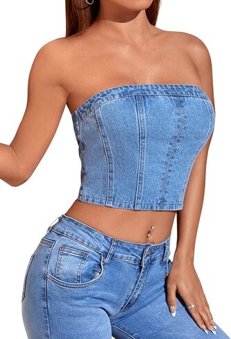 SweatyRocks Women's Casual Slim Fit Tube Denim Top Solid Elastic Trim Pullover Crop Tops in Saudi Arabia
