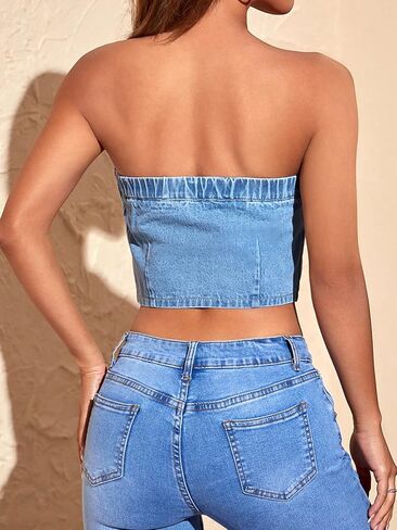 SweatyRocks Women's Casual Slim Fit Tube Denim Top Solid Elastic Trim Pullover Crop Tops in Saudi Arabia