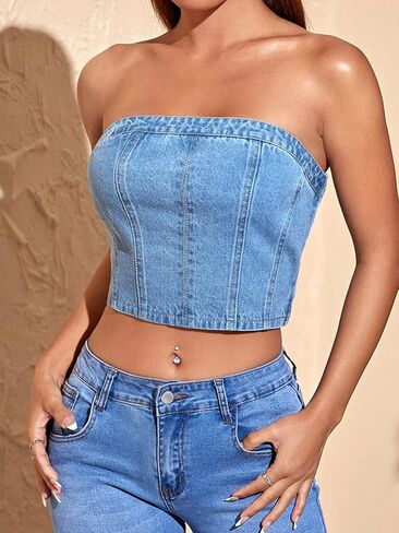 SweatyRocks Women's Casual Slim Fit Tube Denim Top Solid Elastic Trim Pullover Crop Tops in Saudi Arabia