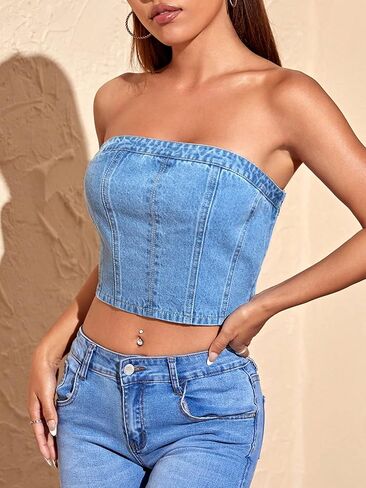 SweatyRocks Women's Casual Slim Fit Tube Denim Top Solid Elastic Trim Pullover Crop Tops in Saudi Arabia