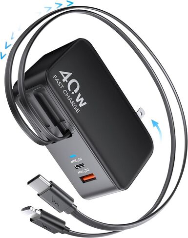 HATALKIN 4-in-1 Retractable Wall Charger with Dual USB Ports and 90cm Lightening and Type-C Cables, 40W Fast Charging Foldable Block Compatible with ipad,iPhone 16/15, airpods,Galaxy, Pixel, and More in Saudi Arabia