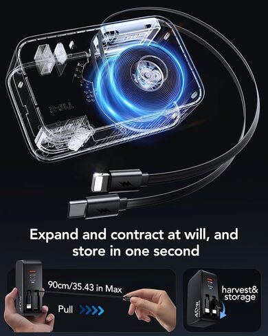 HATALKIN 4-in-1 Retractable Wall Charger with Dual USB Ports and 90cm Lightening and Type-C Cables, 40W Fast Charging Foldable Block Compatible with ipad,iPhone 16/15, airpods,Galaxy, Pixel, and More in Saudi Arabia
