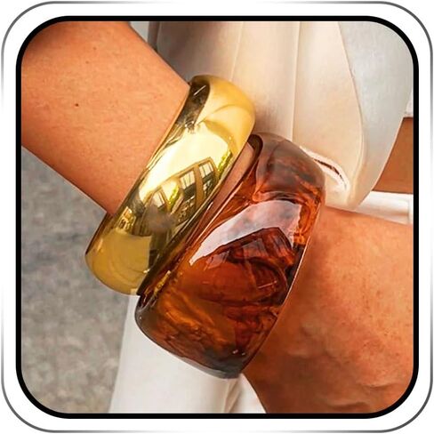 ACEDRE Chunky Resin Bangle Bracelet Set Gold Round Acrylic Wide Wristbands Statement 2PCS Jewelry for Women in Saudi Arabia