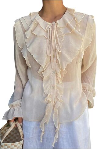 GORGLITTER Women's Peasant Blouses Ruffle Bishop Long Sleeve Button Down Shirt Boho Sheer Chiffon Tops Dressy 2025 in Saudi Arabia
