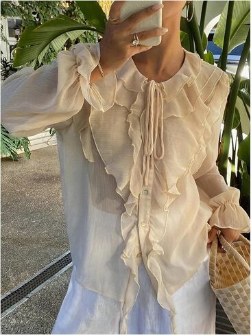 GORGLITTER Women's Peasant Blouses Ruffle Bishop Long Sleeve Button Down Shirt Boho Sheer Chiffon Tops Dressy 2025 in Saudi Arabia