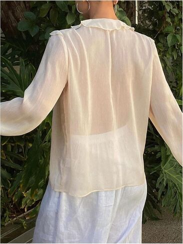 GORGLITTER Women's Peasant Blouses Ruffle Bishop Long Sleeve Button Down Shirt Boho Sheer Chiffon Tops Dressy 2025 in Saudi Arabia