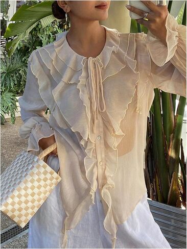 GORGLITTER Women's Peasant Blouses Ruffle Bishop Long Sleeve Button Down Shirt Boho Sheer Chiffon Tops Dressy 2025 in Saudi Arabia