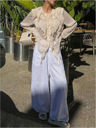 GORGLITTER Women's Peasant Blouses Ruffle Bishop Long Sleeve Button Down Shirt Boho Sheer Chiffon Tops Dressy 2025 in Saudi Arabia