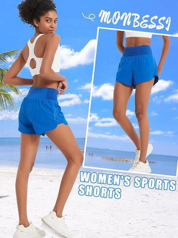 Monbessi Running Shorts Womens 2 in 1 Athletic Shorts with Zipper Pocket Swim-Shorts Ladies for Workout Training Yoga Jogging in Saudi Arabia