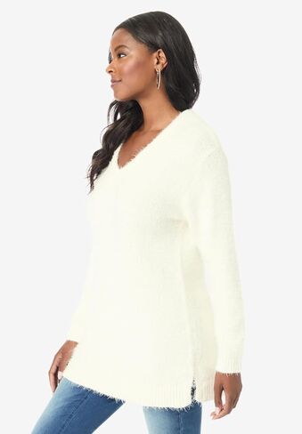 Roaman's Women's Plus Size Eyelash V Neck Sweater in Saudi Arabia