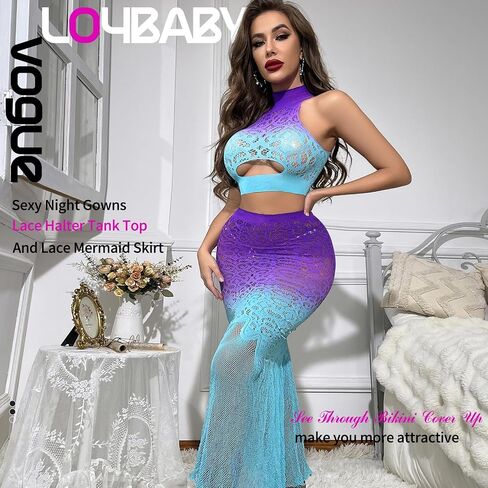 lingerie for women Babydoll Sexy Night Gowns Lace Halter Tank Top and Mermaid Skirt Suit See Through Bikini Cover Up in Kuwait
