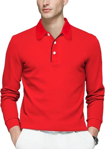 Mens Polo Shirts Cotton Solid Long Sleeve Polo Rugby Shirts in Saudi Arabia