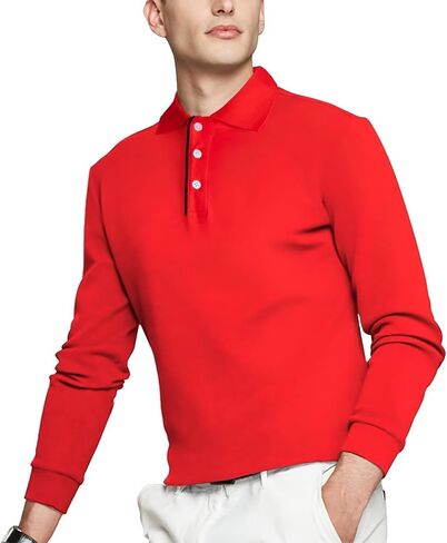 Mens Polo Shirts Cotton Solid Long Sleeve Polo Rugby Shirts in Saudi Arabia