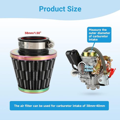 38mm(1-1/2") Air Filter Compatible with GY6 139QMB 125cc 110cc 50cc Taotao Baja Jonway Roketa Loncin Scooter Moped ATV Quad 4 Wheeler Go Kart Pit Dirt Bike Parts Silver with Fuel Line in Saudi Arabia
