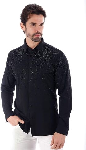 Barabas Men's Rhinestones Jewels قميص طويل الأكمام 4B06 in Kuwait