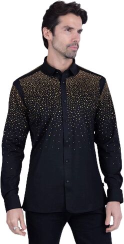 Barabas Men's Rhinestones Jewels قميص طويل الأكمام 4B06 in Kuwait