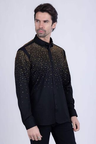 Barabas Men's Rhinestones Jewels قميص طويل الأكمام 4B06 in Kuwait