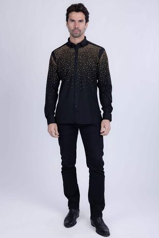 Barabas Men's Rhinestones Jewels قميص طويل الأكمام 4B06 in Kuwait