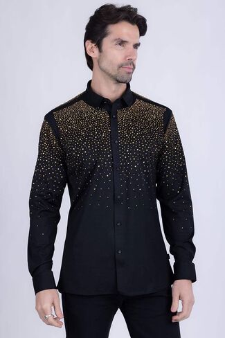 Barabas Men's Rhinestones Jewels قميص طويل الأكمام 4B06 in Kuwait