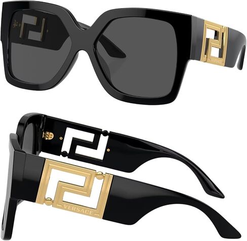 Versace VE4402 59mm Non-Polarized Rectangle Sunglasses for Women – Black Acetate Frame with Black Temples, 100% UV Protection, Lightweight & Comfortable Sunglasses, eShades Eyewear Kit Included in Saudi Arabia