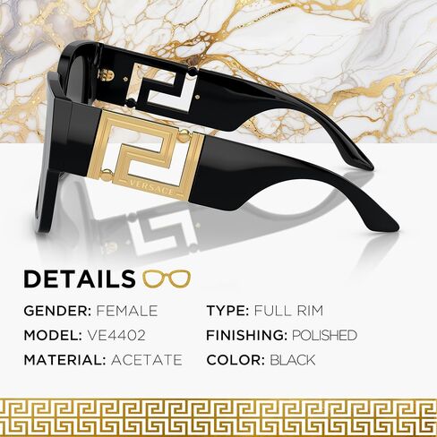 Versace VE4402 59mm Non-Polarized Rectangle Sunglasses for Women – Black Acetate Frame with Black Temples, 100% UV Protection, Lightweight & Comfortable Sunglasses, eShades Eyewear Kit Included in Saudi Arabia