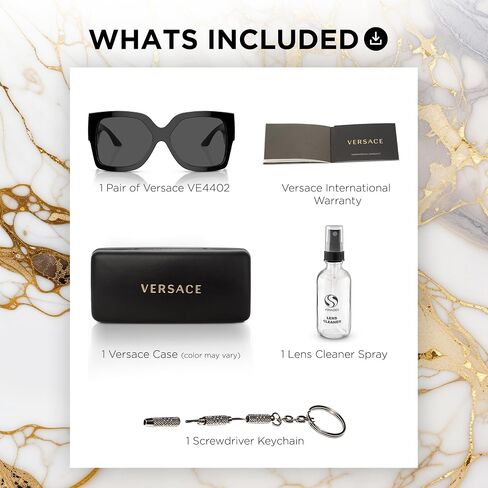 Versace VE4402 59mm Non-Polarized Rectangle Sunglasses for Women – Black Acetate Frame with Black Temples, 100% UV Protection, Lightweight & Comfortable Sunglasses, eShades Eyewear Kit Included in Saudi Arabia