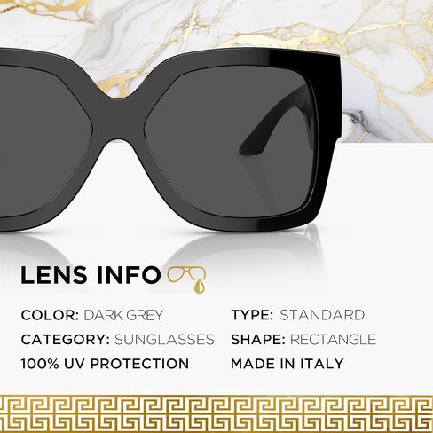 Versace VE4402 59mm Non-Polarized Rectangle Sunglasses for Women – Black Acetate Frame with Black Temples, 100% UV Protection, Lightweight & Comfortable Sunglasses, eShades Eyewear Kit Included in Saudi Arabia
