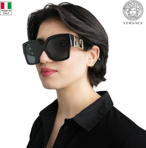 Versace VE4402 59mm Non-Polarized Rectangle Sunglasses for Women – Black Acetate Frame with Black Temples, 100% UV Protection, Lightweight & Comfortable Sunglasses, eShades Eyewear Kit Included in Saudi Arabia