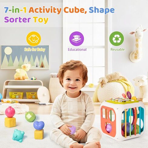 MINGKIDS 7 in1 Montessori Toys for Toddlers 1 Years,Shape Sorter Colorful Stacking and Pull String Toys,Car Travel Toys Christmas Birthday Gifts for Toddler Stocking Stuffer in Saudi Arabia