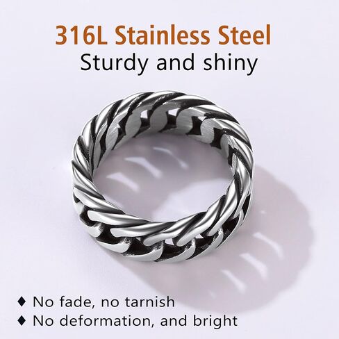 FindChic Cool Chain Rings Statement Rings for Men Women Stainless Steel/18K Gold Plated/Black Index Middle Finger Cuban Link Rings Size 7 to 14 Punk Jewelry, with Gift Box in Kuwait