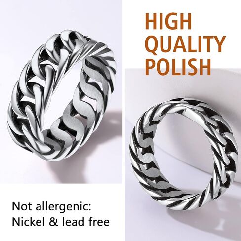 FindChic Cool Chain Rings Statement Rings for Men Women Stainless Steel/18K Gold Plated/Black Index Middle Finger Cuban Link Rings Size 7 to 14 Punk Jewelry, with Gift Box in Kuwait